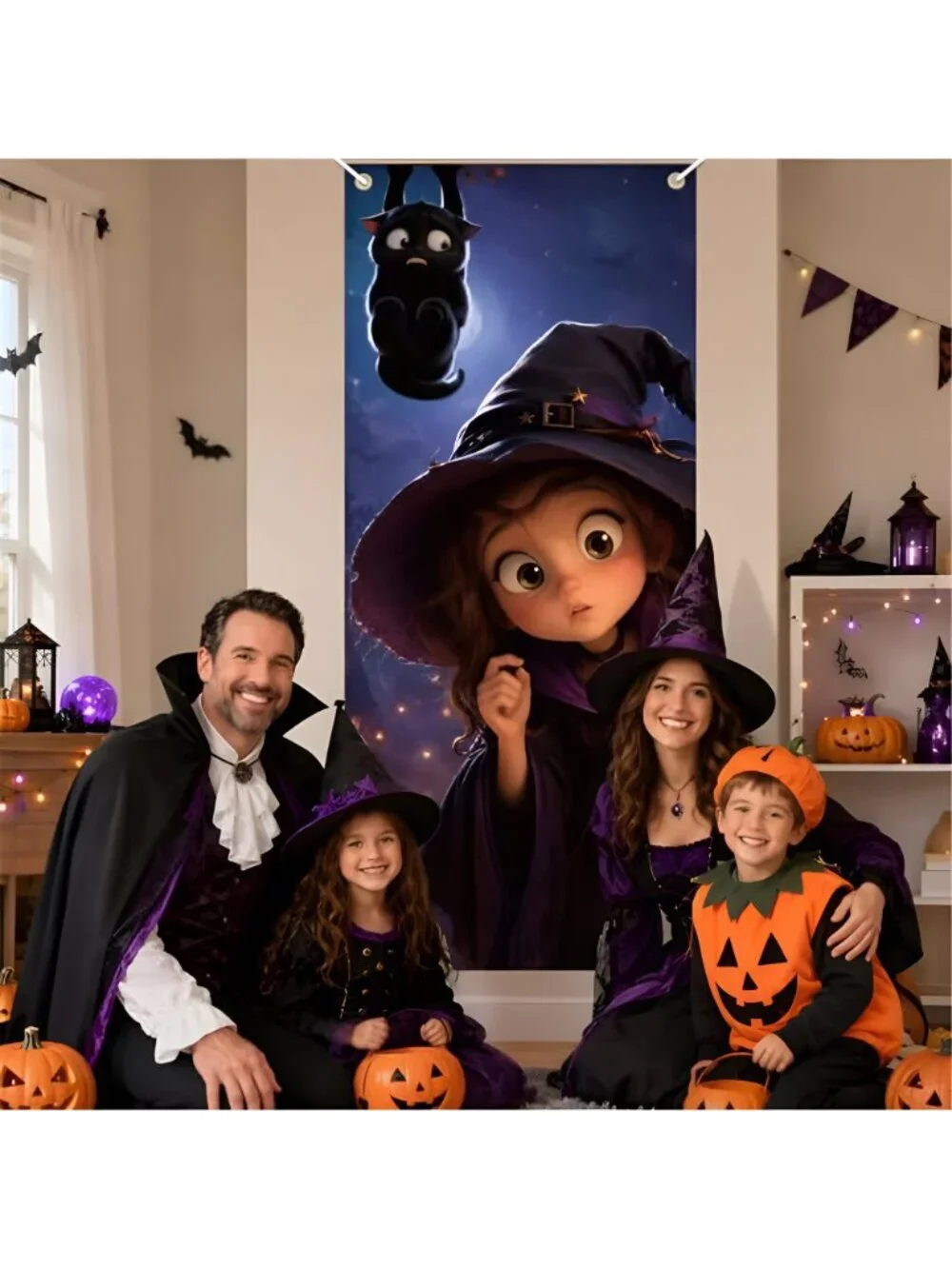 Halloween Door Cover 30 x 72 Inch Cute Witch and Black Cat Door Banner